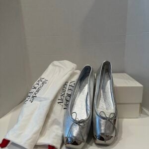 alexander mcqueen leather silver metal cap toe ballet flats